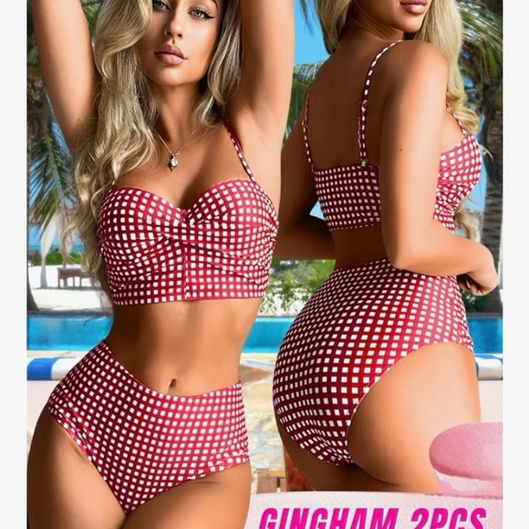 Red And White Gingham Bikini Set High Waisted Swimsuit Bathing Suit Beac… - Picture 2 of 5
